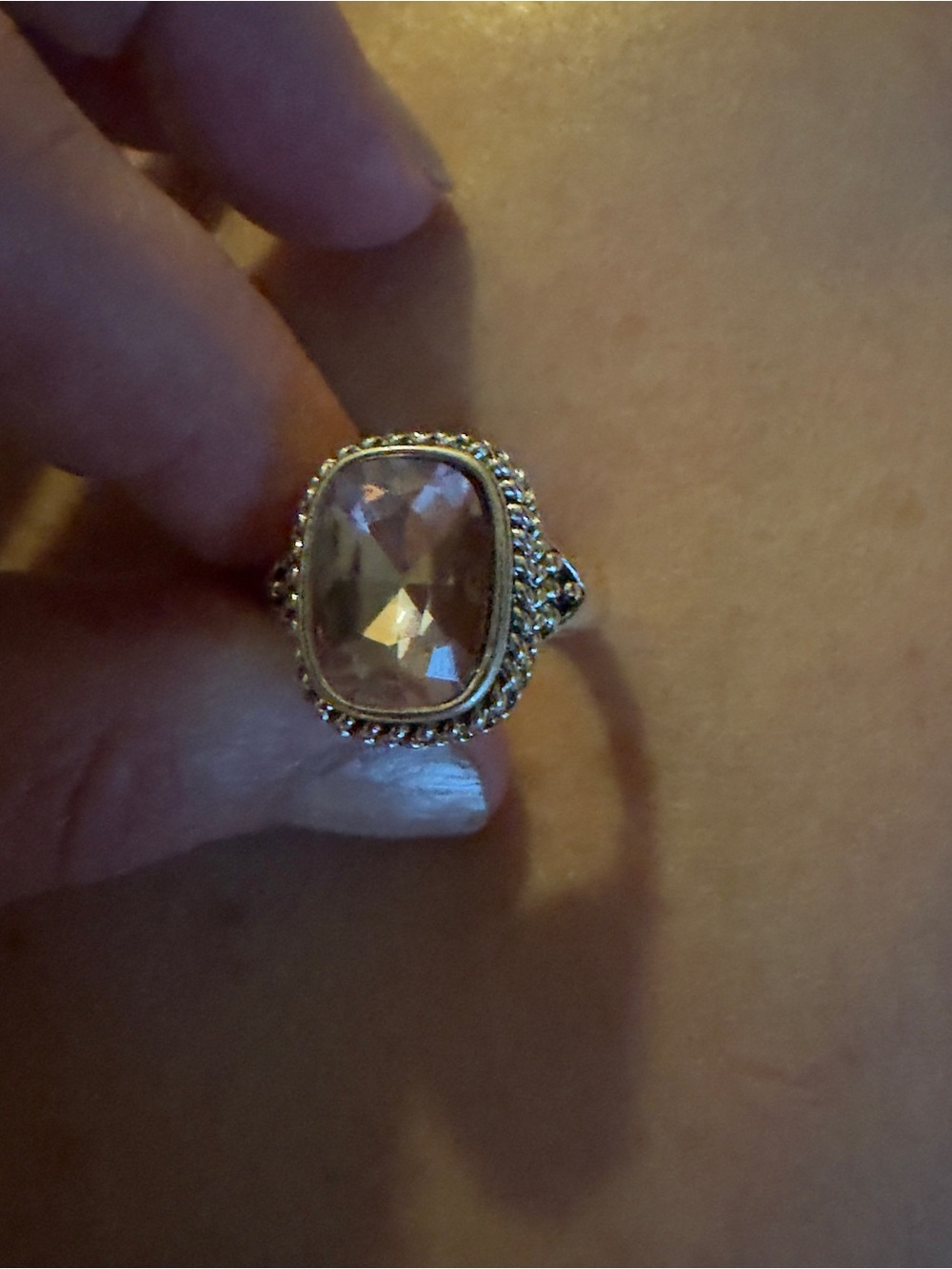 Silver Ring with Light Pink Cushion Crystal Sz 9/10